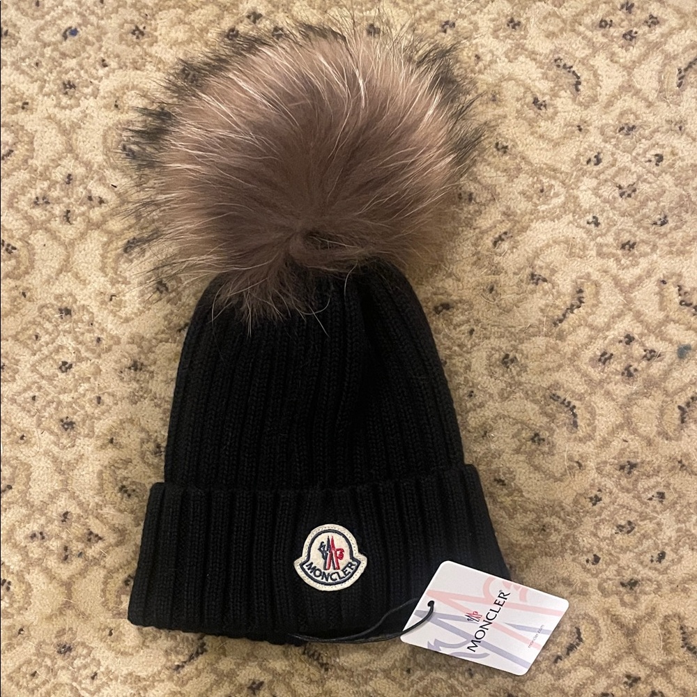 Moncler Black Beanie with Brown Fur Pom